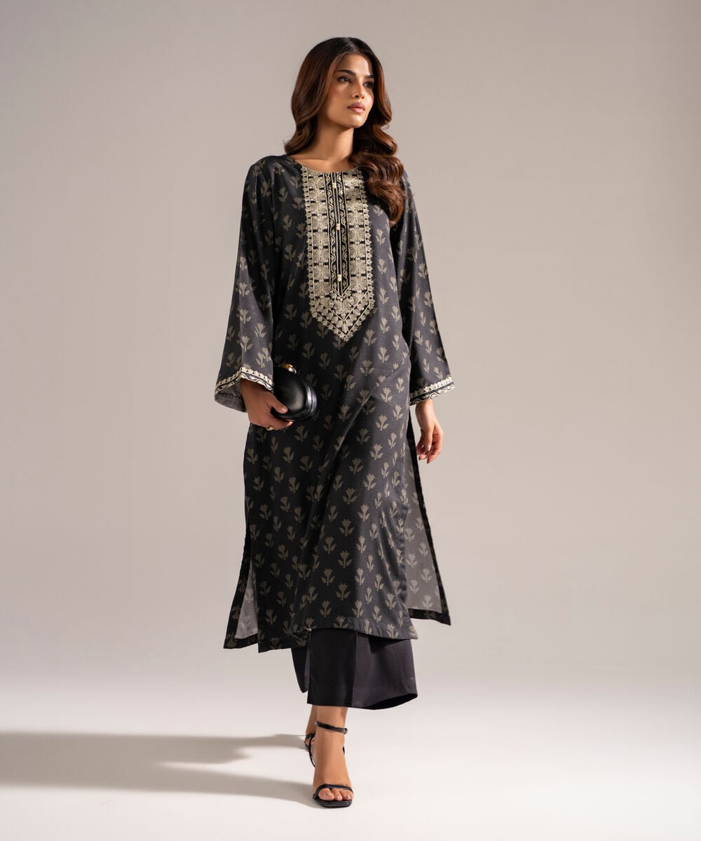 Women's RTW Self Jacquard Embroidered Black 2 Piece Suit