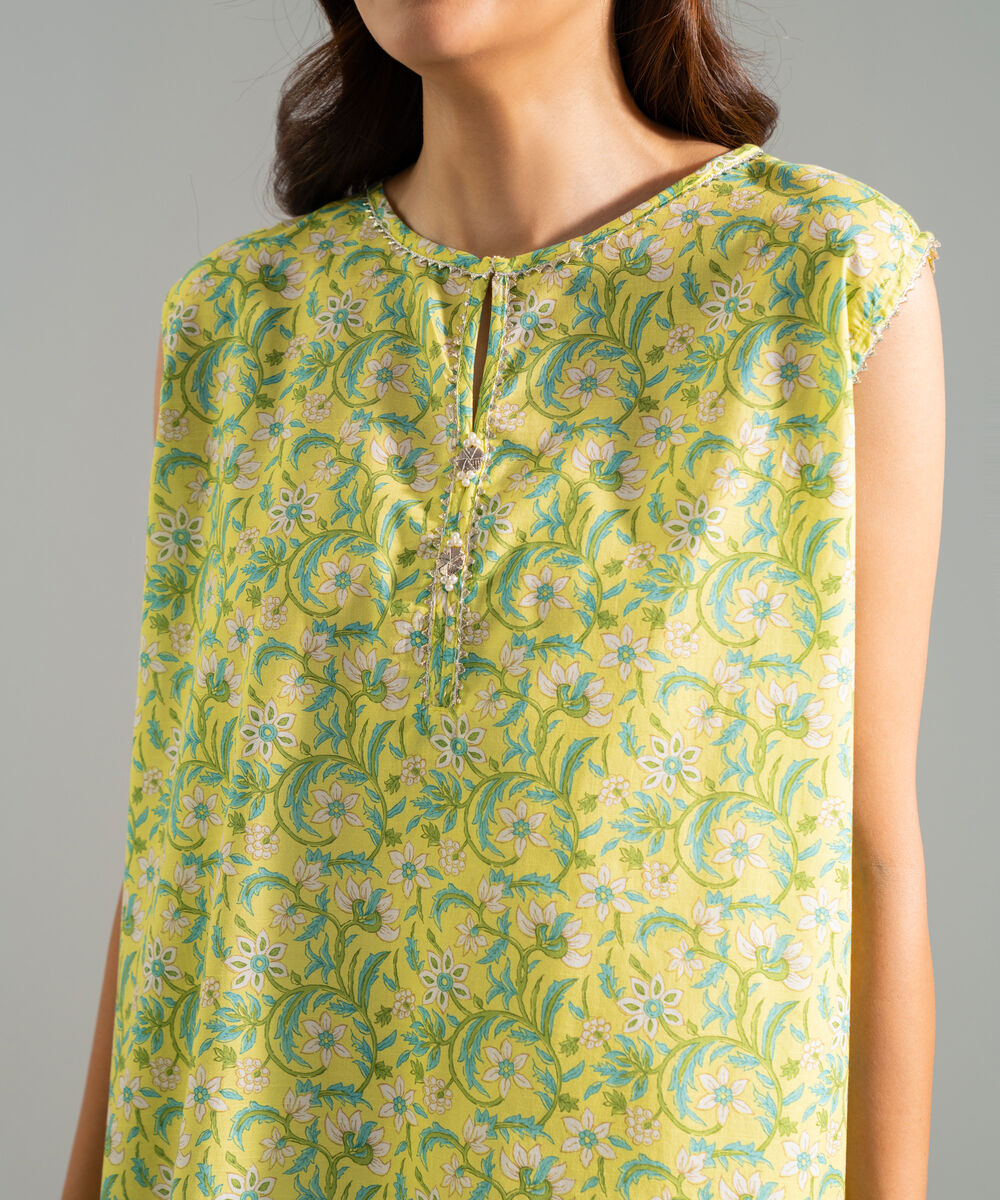 Women's RTW Slub Lawn Printed Green Straight Shirt