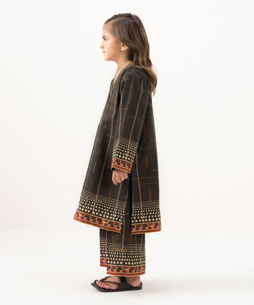 Girl's Light Khaddar Printed Brown 2 Piece Suit