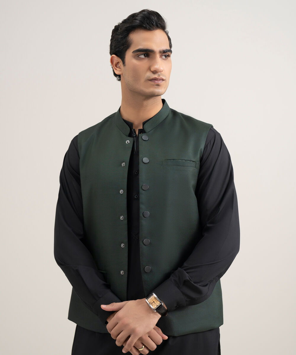 Men's Stitched Tropical Suiting Green Waistcoat