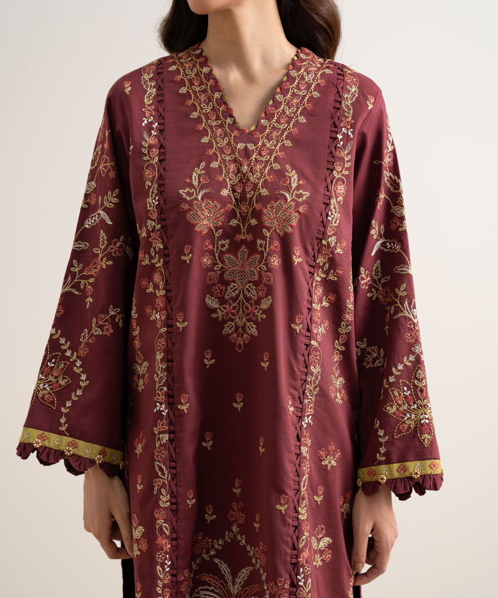 Women's Unstitched Lawn Embroidered Red 3 Piece Suit