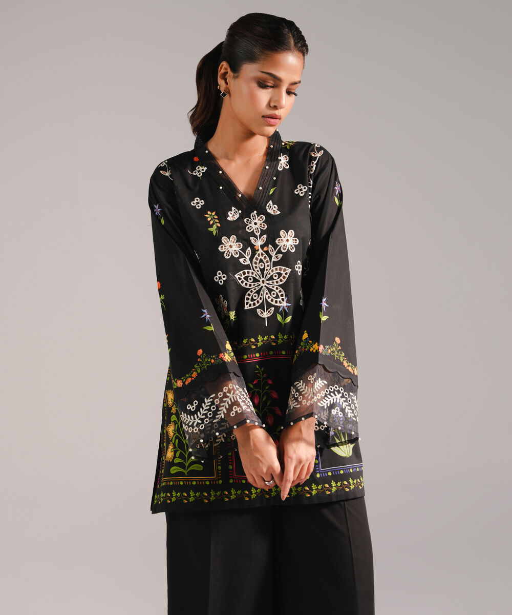 Women's RTW Lawn Embroidered Black Straight Shirt