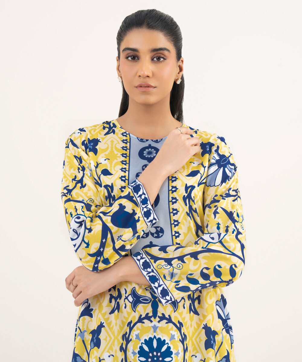 Women's RTW Arabic Lawn Lime Yellow Printed Straight Shirt