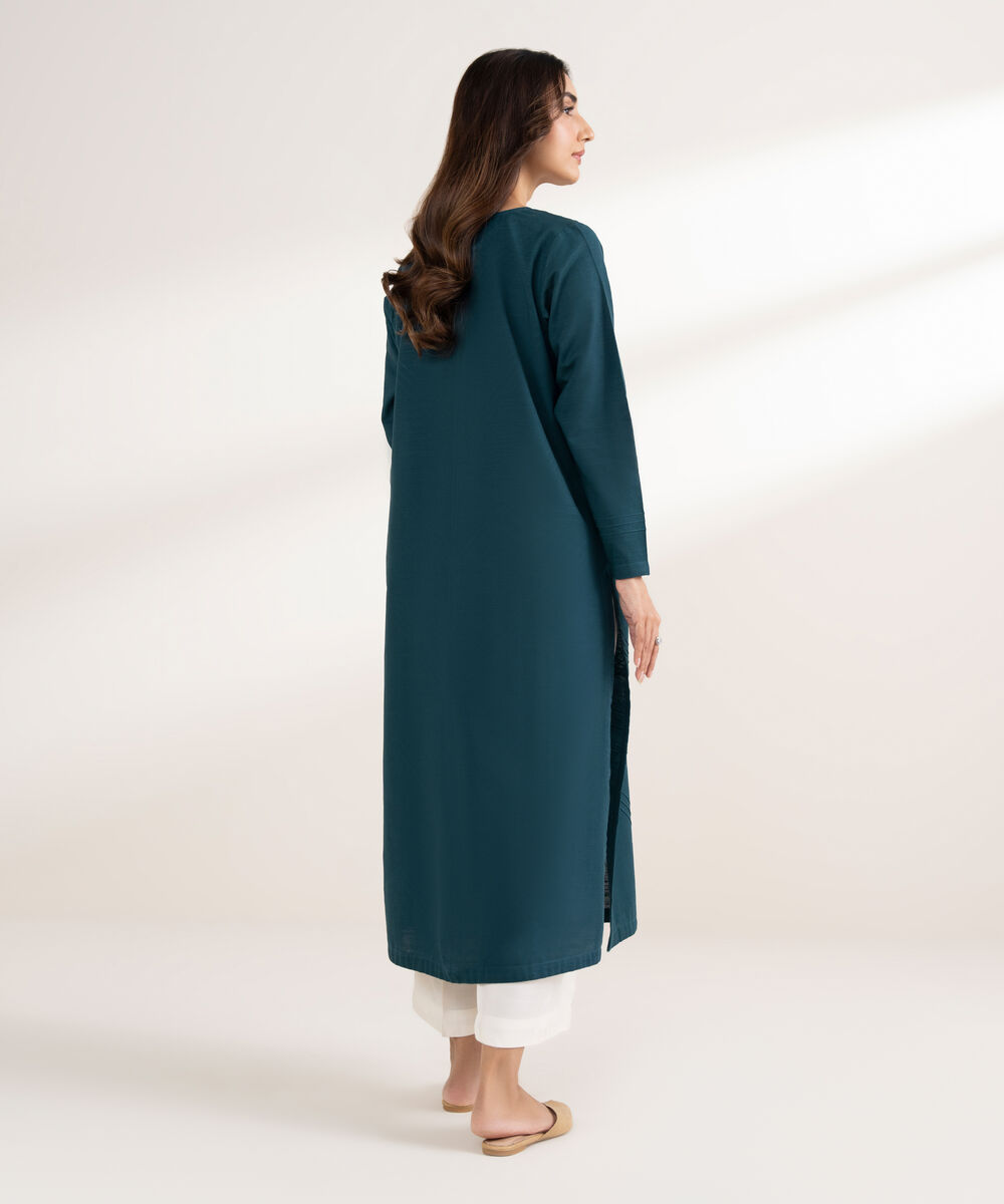 Women's RTW Khaddar Solid Straight Blue Shirt