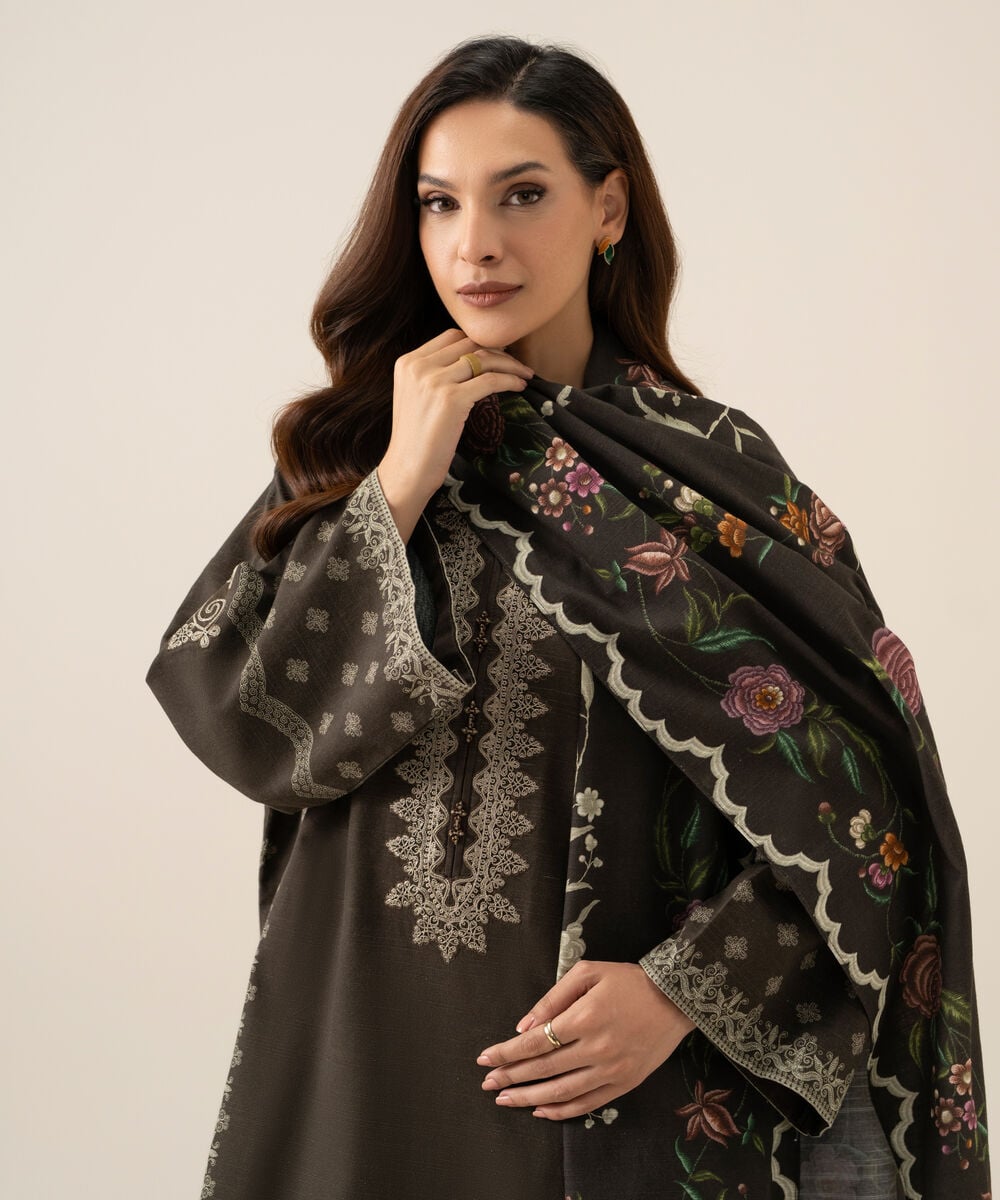 Women's Unstitched Light Khaddar Embroidered Brown 3 Piece Suit