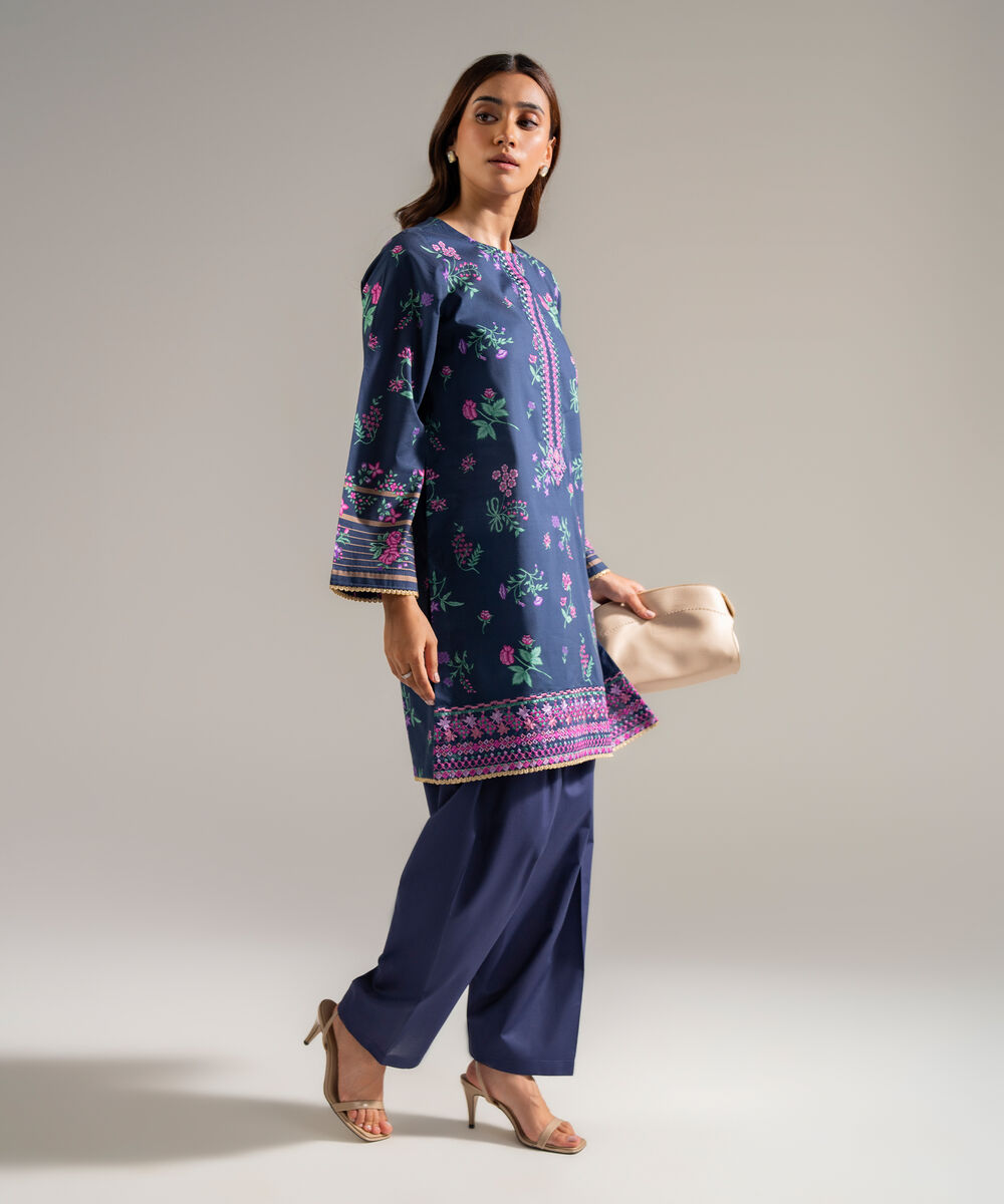 Women's RTW Cambric Embroidered Dark Blue 2 Piece Suit