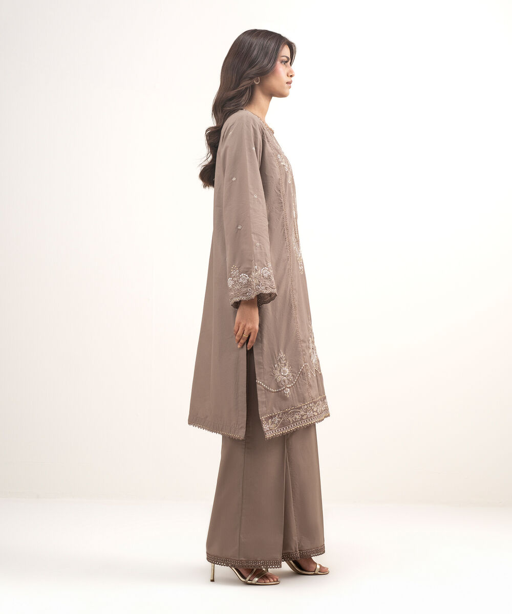 Women's RTW Zari Lawn Embroidered Brown 2 Piece Suit
