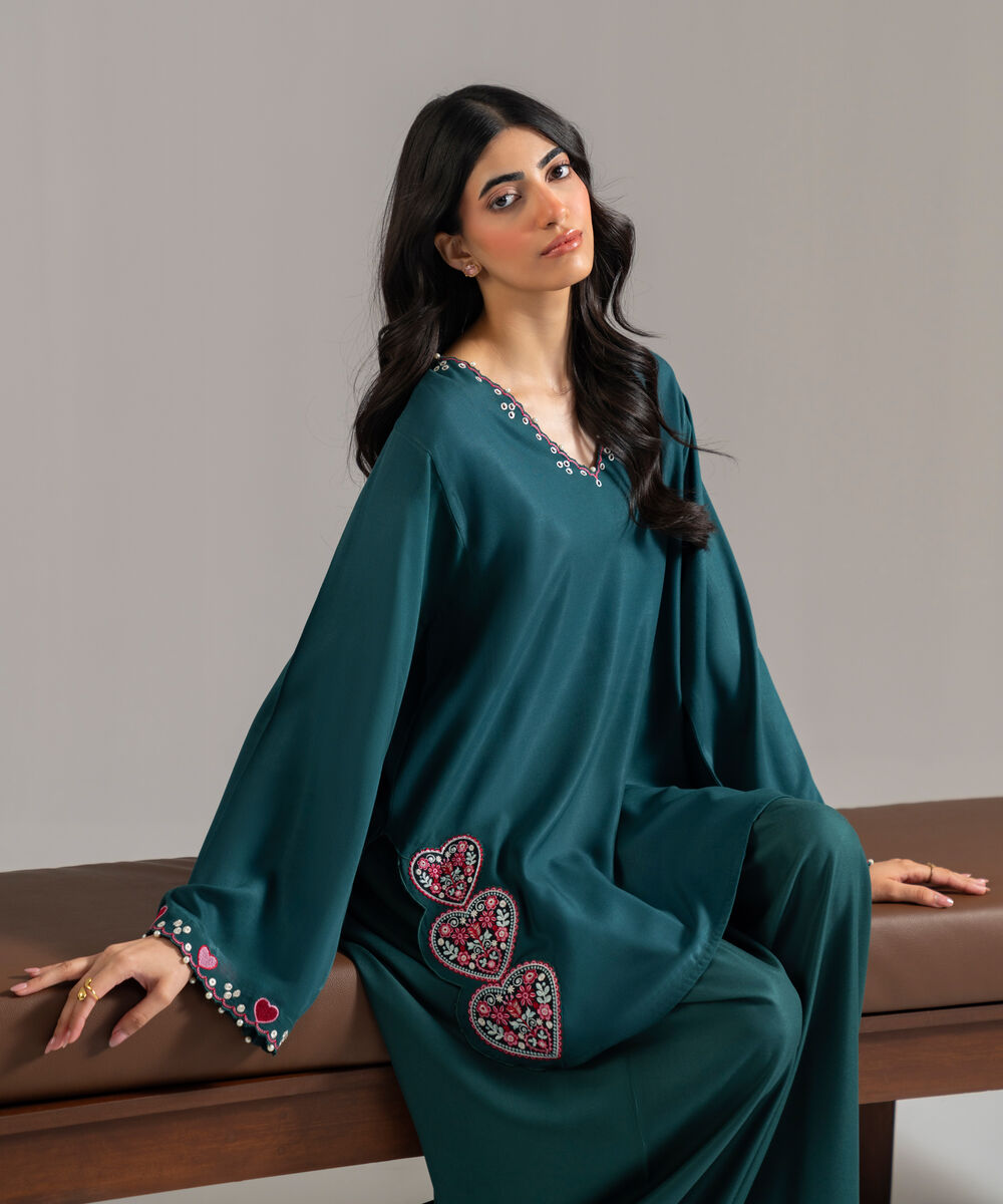 Women's RTW Bedford Embroidered Green Boxy Shirt
