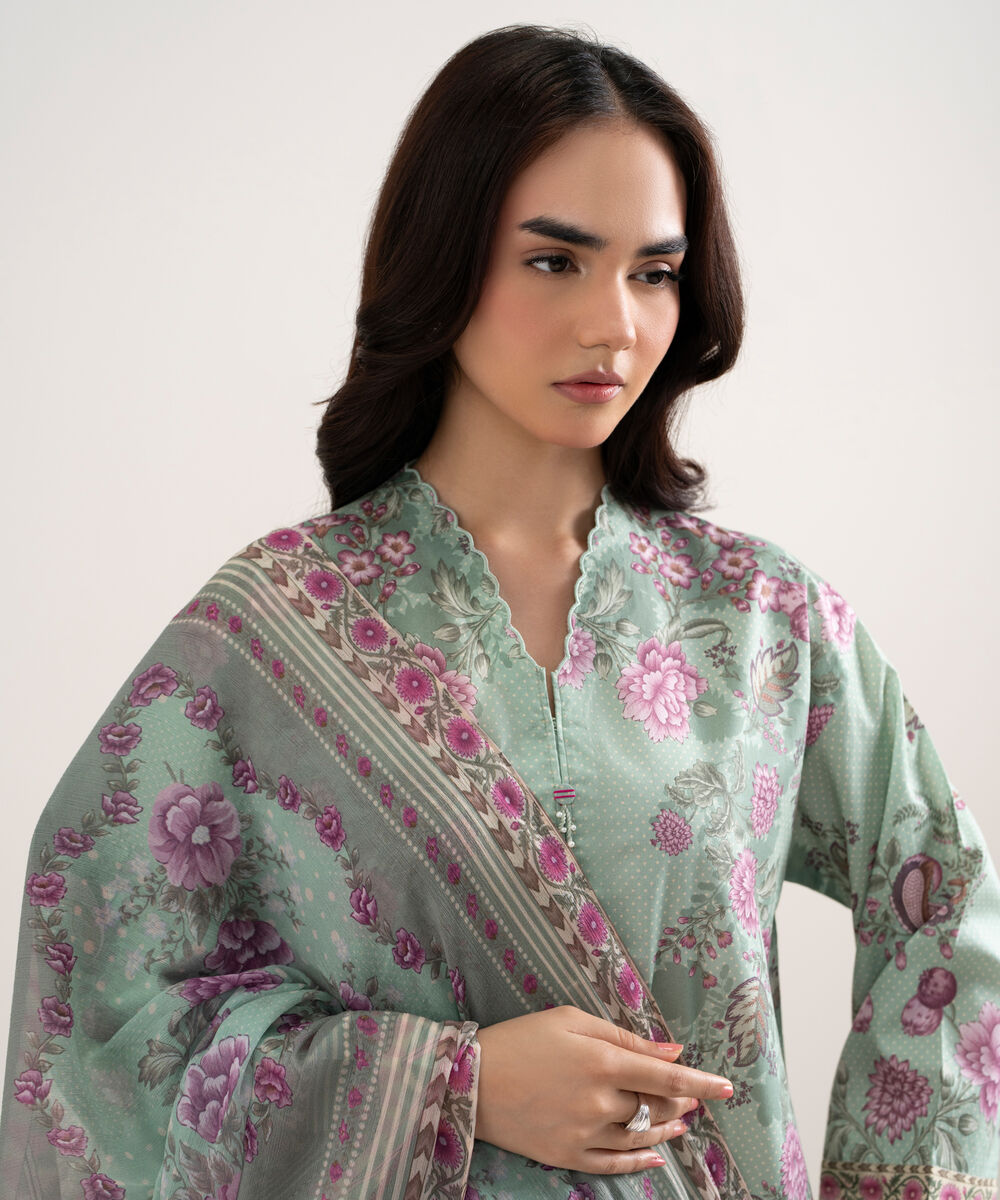 Women's Unstitched Lawn Printed Green 3 Piece Suit