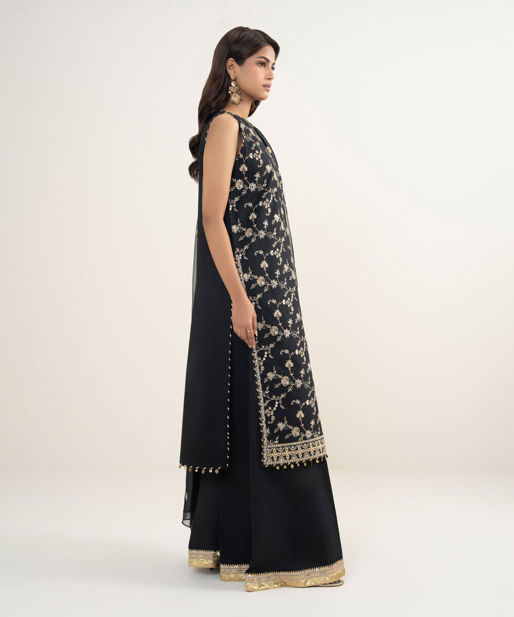 Women's Unstitched Textured Lawn Black Embroidered 3 Piece Suit