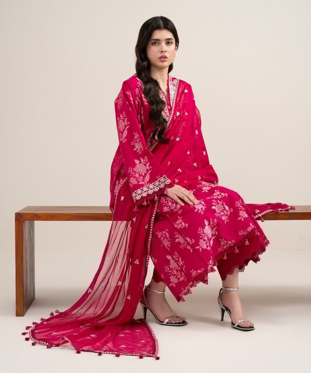 Women's Unstitched Extra Weft Jacquard Embroidered Pink 3 Piece Suit