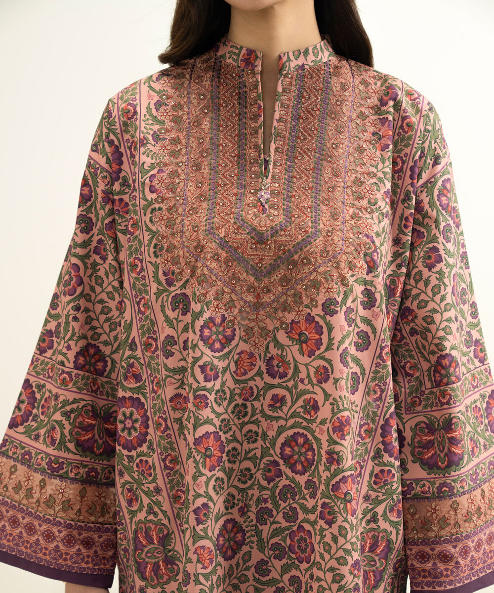 Women's Unstitched Blended Grip Silk Embroidered Pink 3 Piece Suit