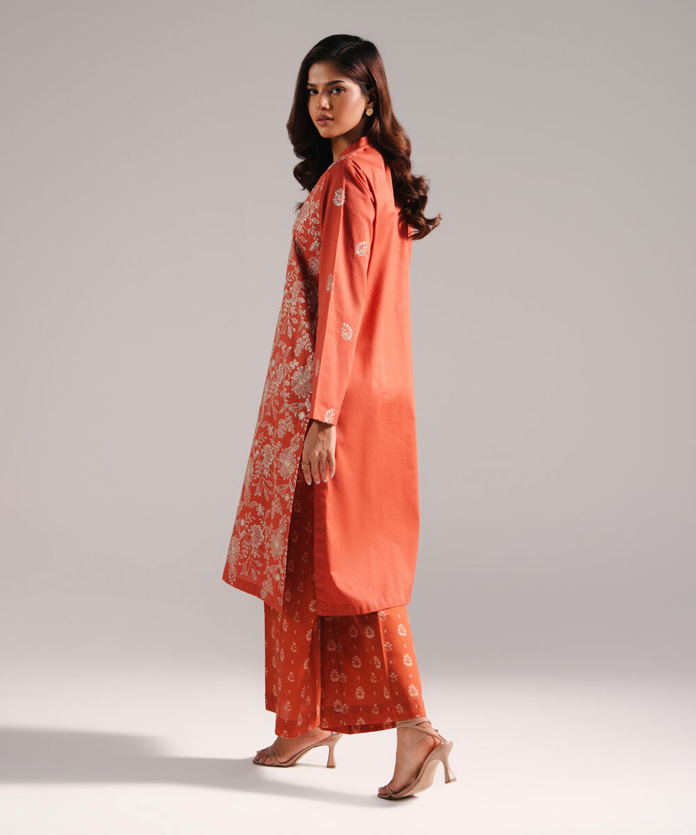 Women's RTW Dobby Embroidered Rust 2 Piece Suit