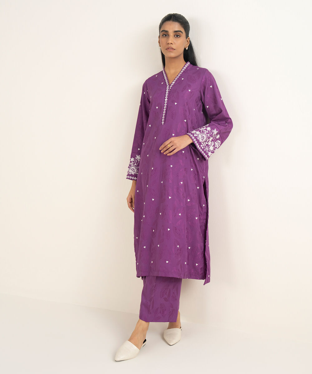 Women's RTW Jacquard Embroidered Purple A-Line Shirt