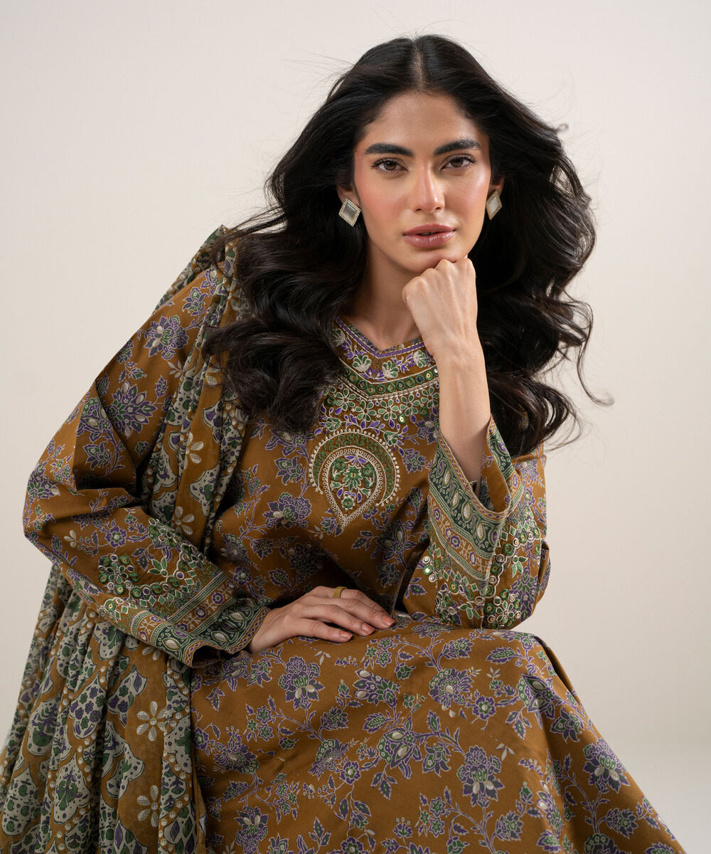 Women's Unstitched Lawn Embroidered Mustard Brown 3 Piece Suit