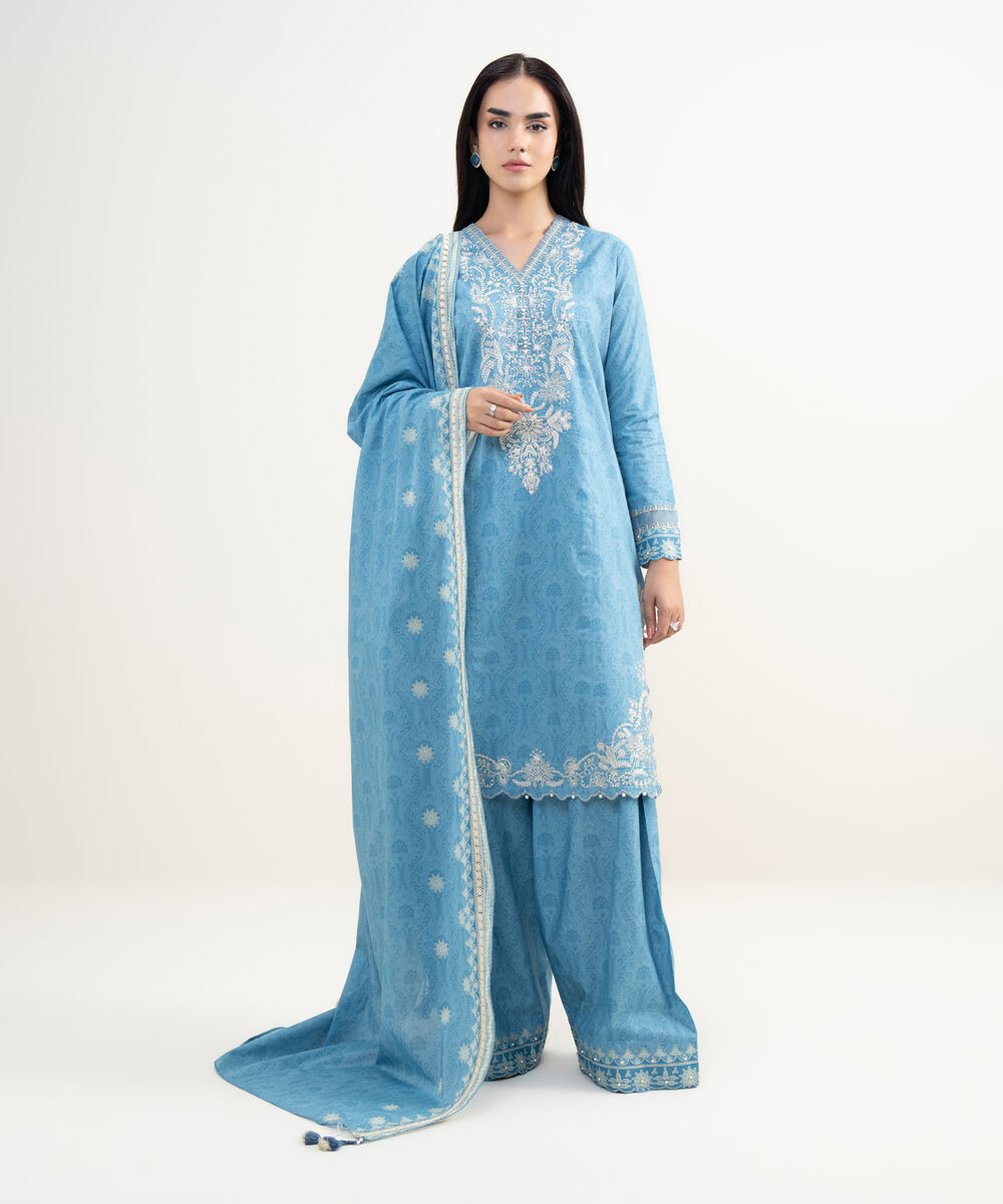 Women's Unstitched Lawn Embroidered Blue 3 Piece Suit