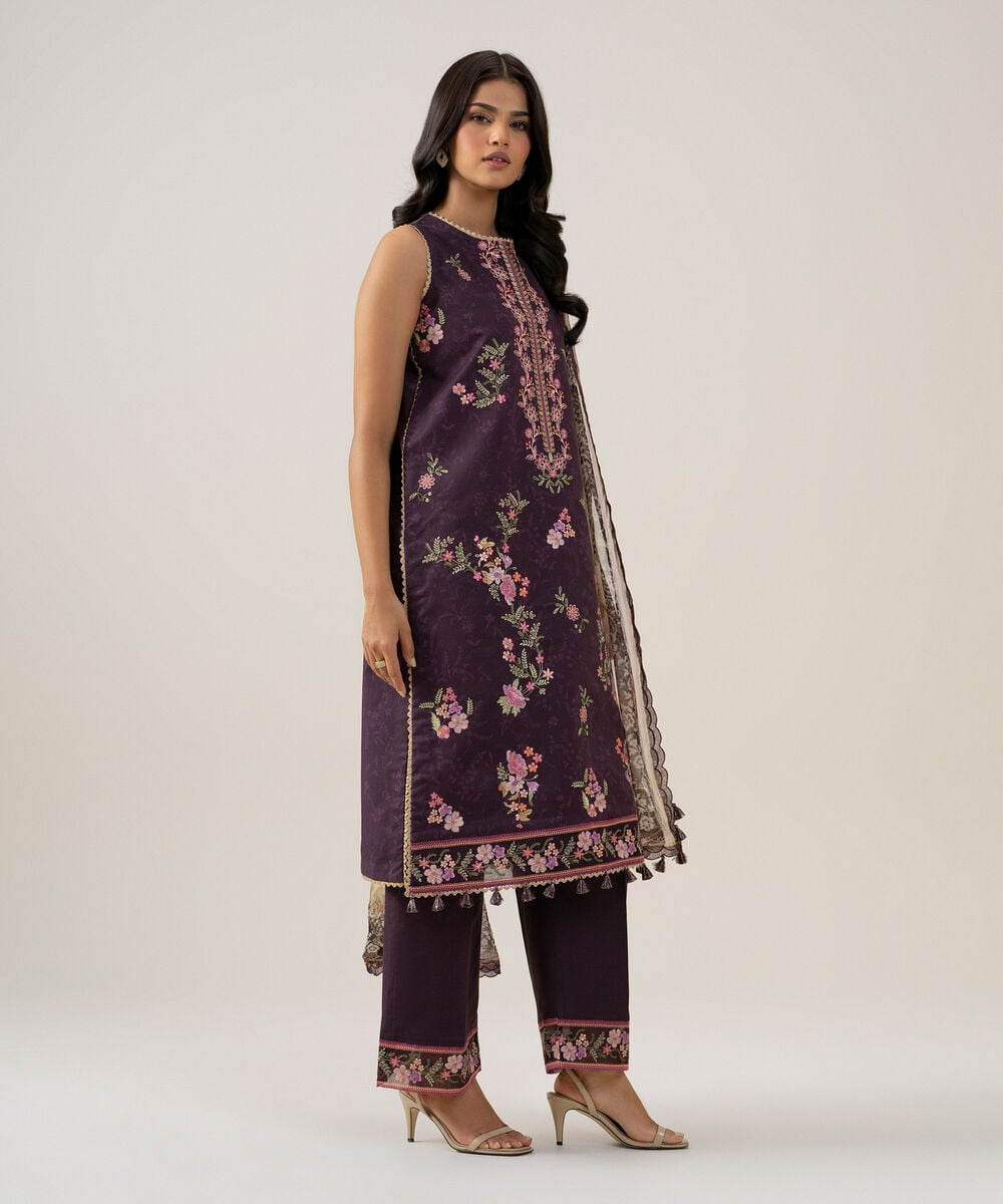 Women's Unstitched Blended Chiffon Embroidered Plum 3 Piece Suit