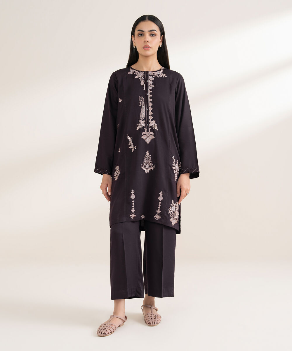 Women's RTW Bedford Embroidered Straight Purple Shirt