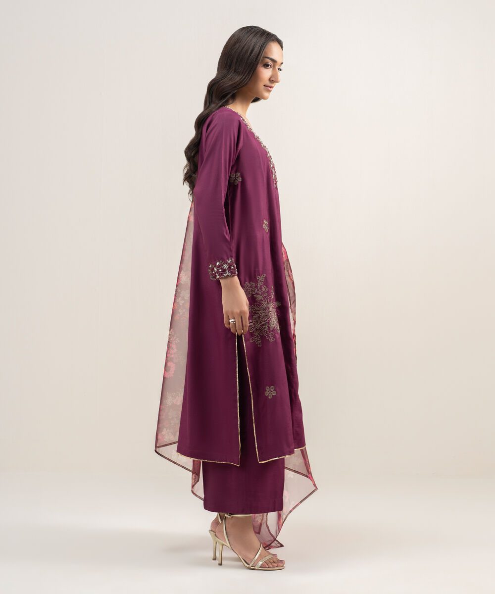 Women's RTW Viscose Raw Silk Embroidered Purple 3 Piece Suit