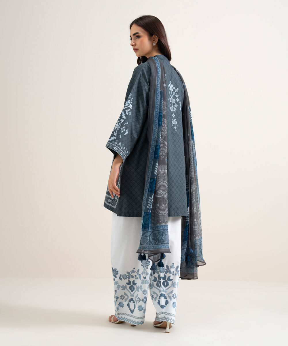 Women's Unstitched Cotton Printed Dark Blue  3 Piece Suit