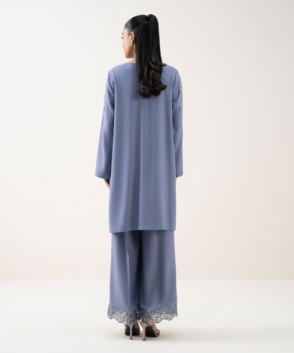 Women's RTW Cotton Viscose Embroidered Blue Straight Shirt