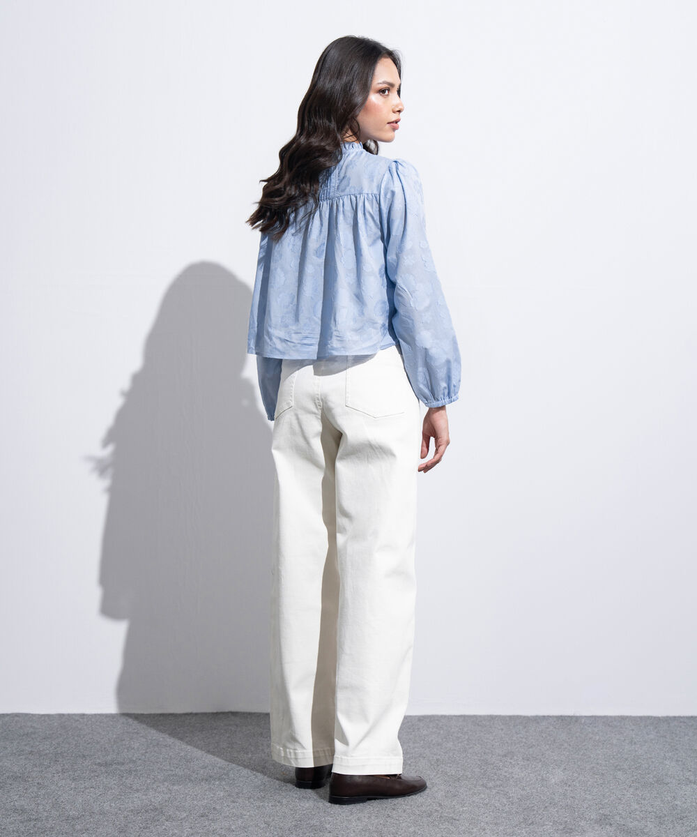 Women's Western Light Blue Textured Blouse With Puffed Sleeves