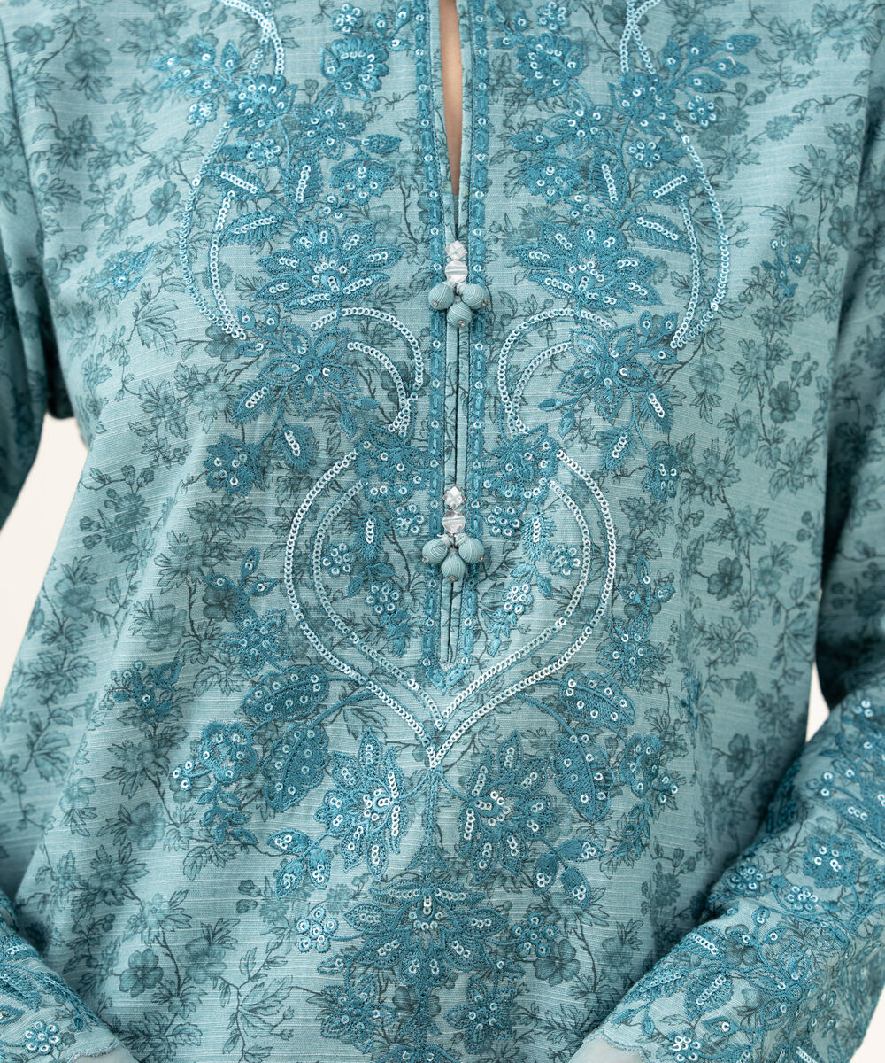 Women's Unstitched Textured Cotton Embroidered Blue 3 Piece Suit