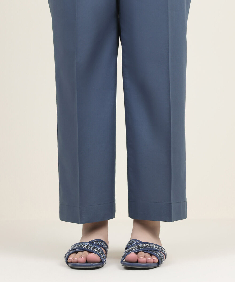 Women's RTW Cambric Blue Solid Straight Pants