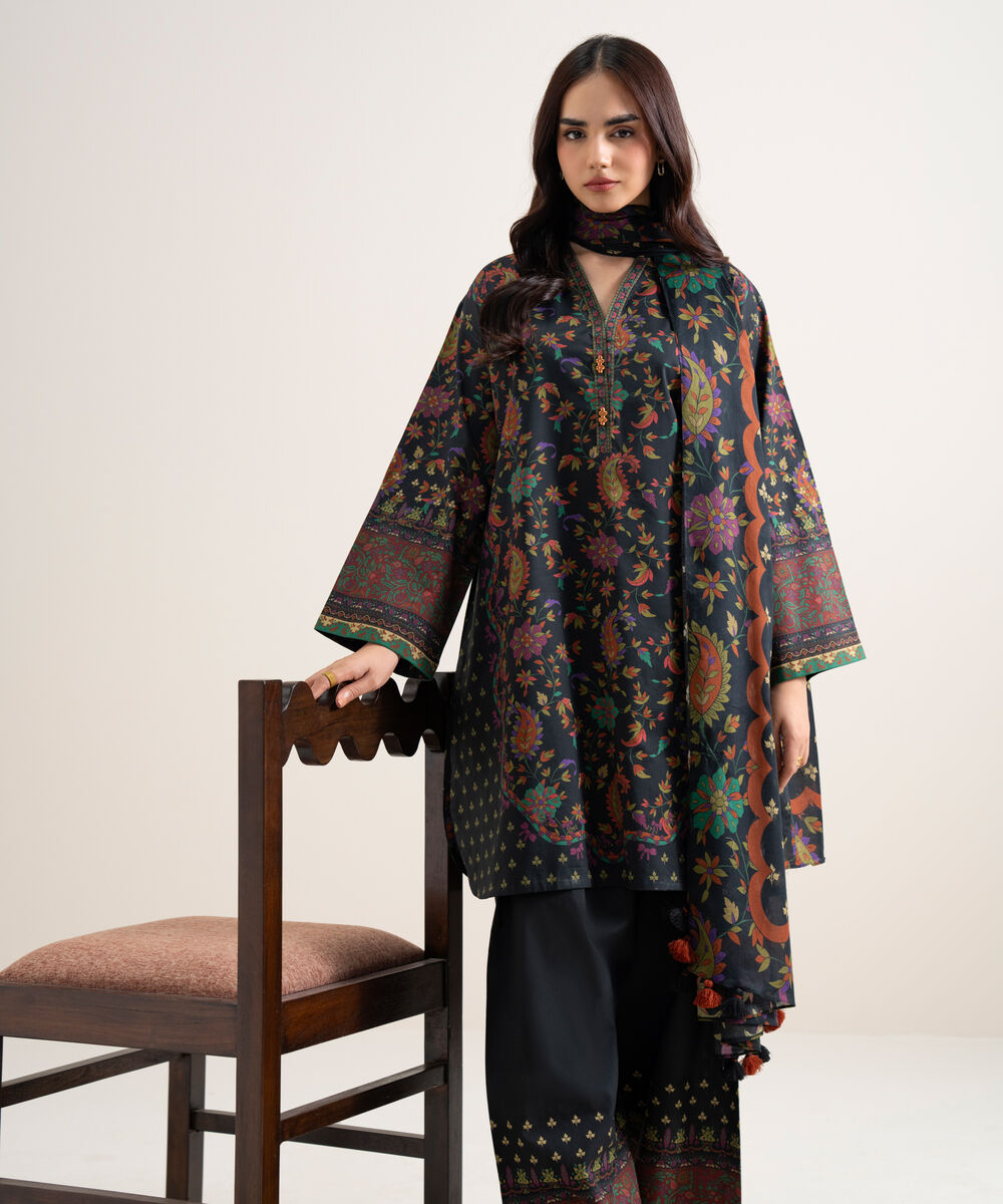 Women's Unstitched Lawn Printed Black 3 Piece Suit