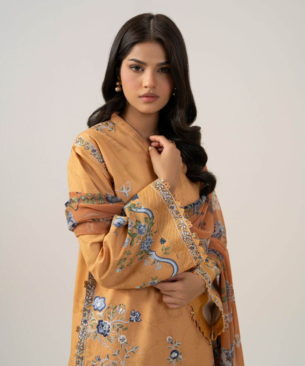 Women's Unstitched Blended Chiffon Embroidered Peach 3 Piece Suit