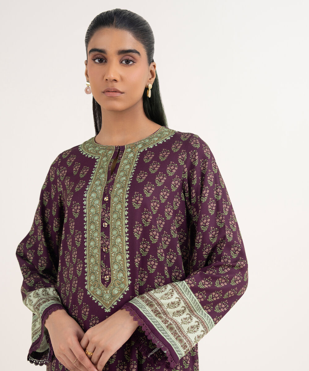 Women's RTW Viscose Linen Printed Purple Straight Shirt