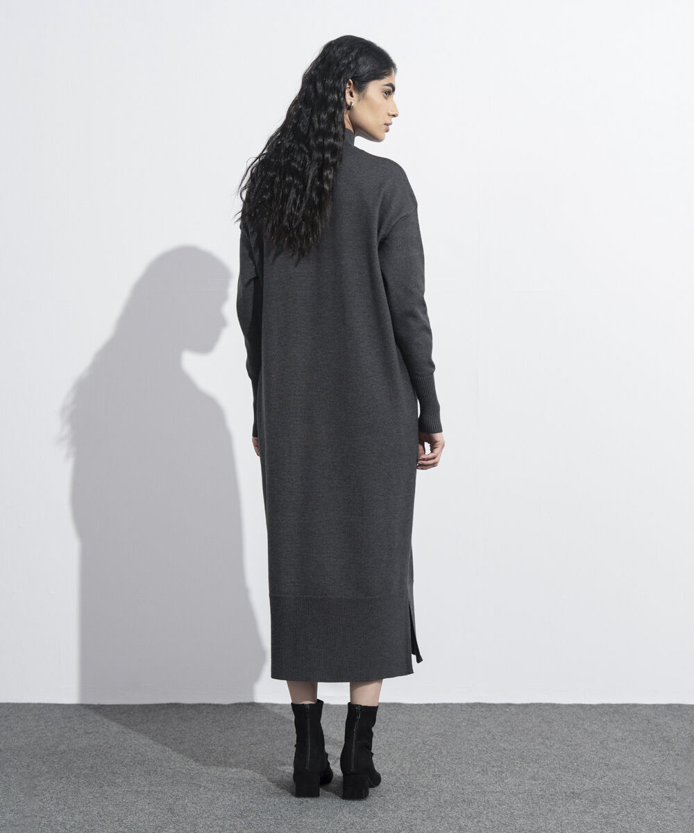 Women's Western Wear Grey  High Neck Sweater Dress