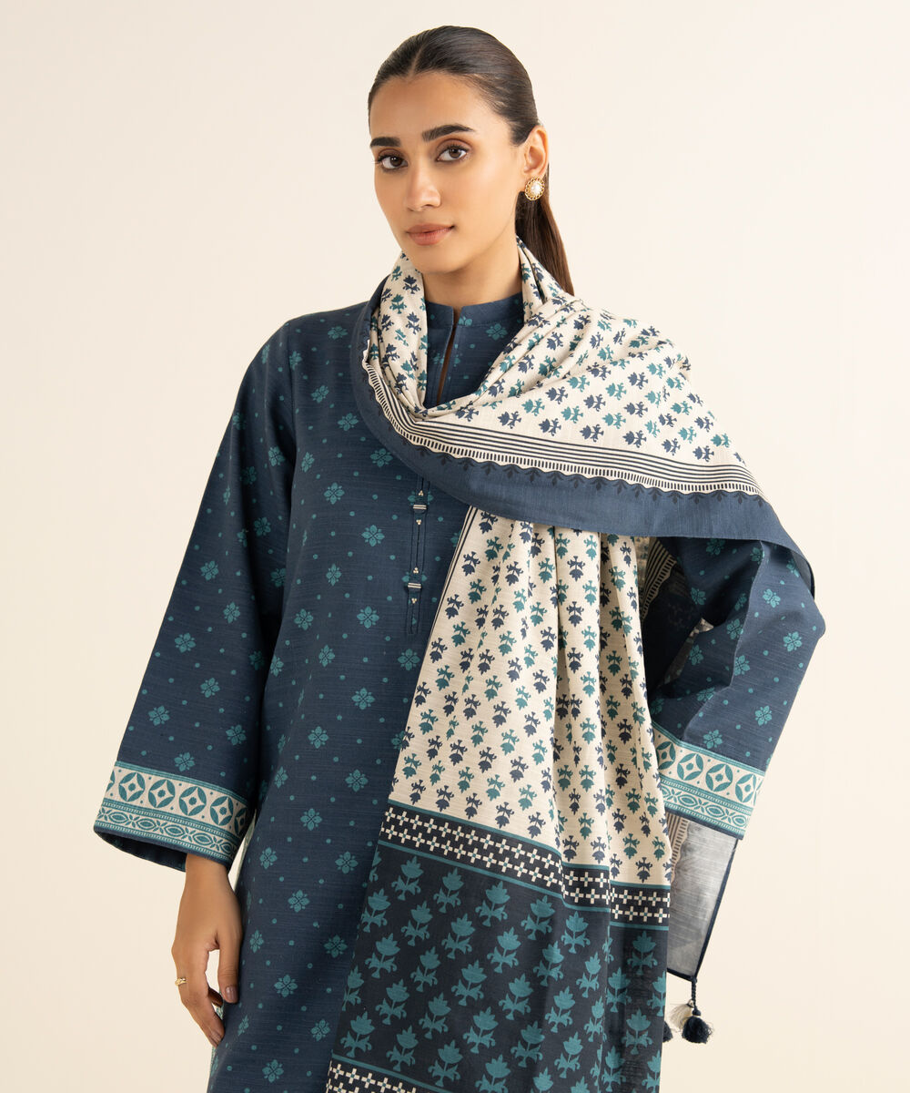 Women's Unstitched Cotton Printed Blue 2 Piece Suit