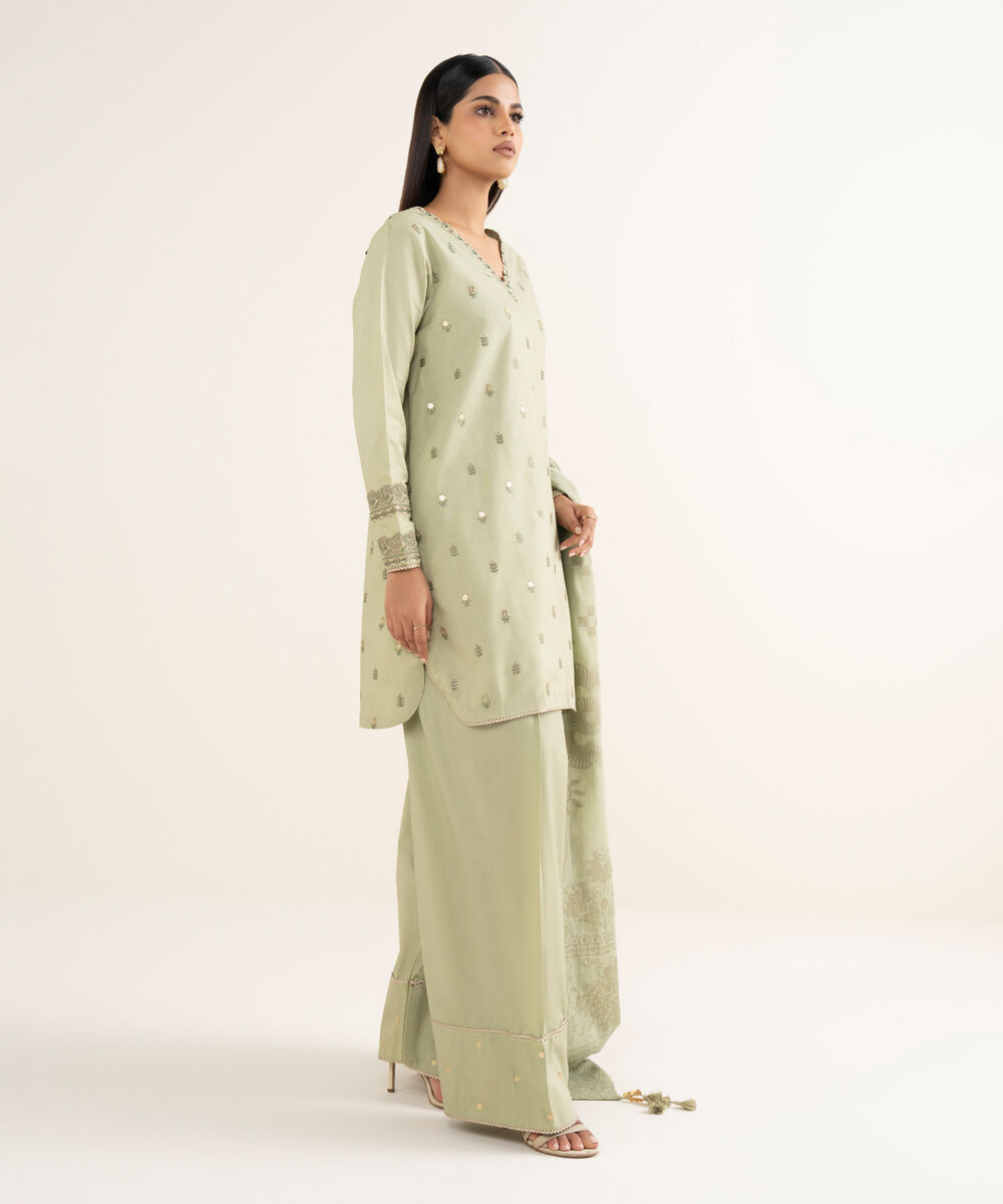 Women's Unstitched Embroidered Cotton Moss Green 3 Piece Suit