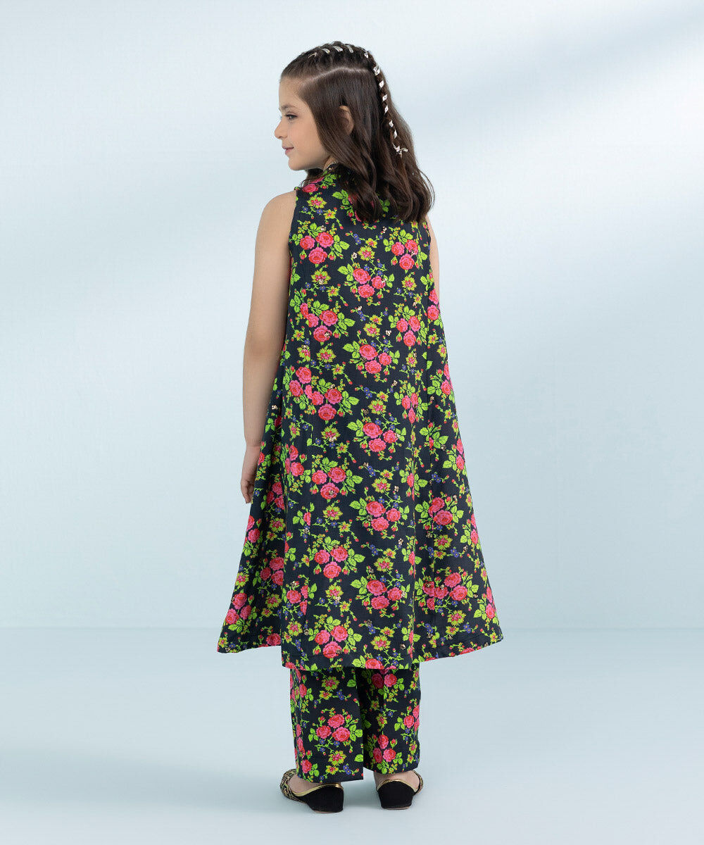 Girls 2 Piece Printed Viscose Raw Silk Suit in Black