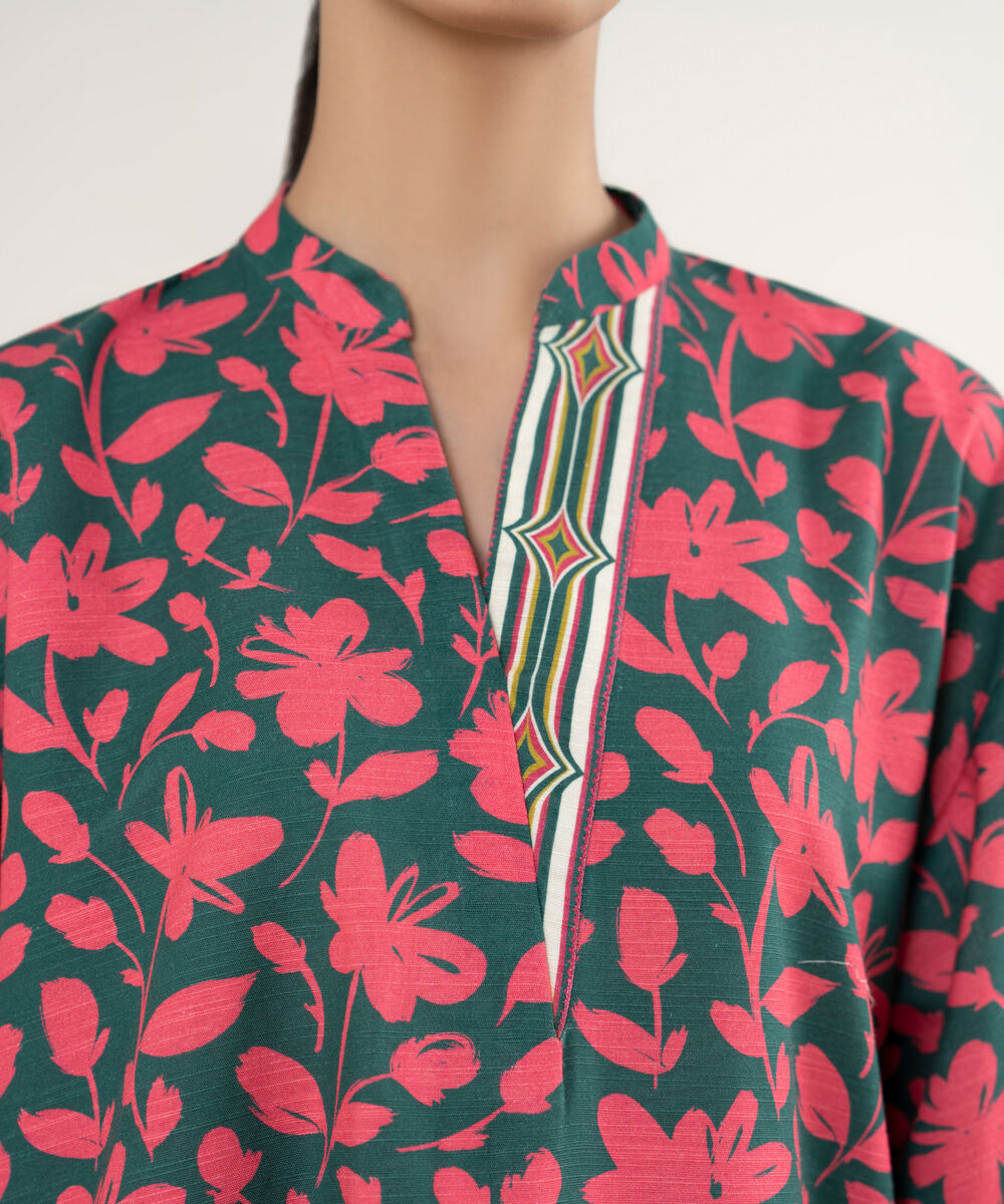 Women's Unstitched Printed Khaddar Forest Green and Bright Maron 3 Piece Suit