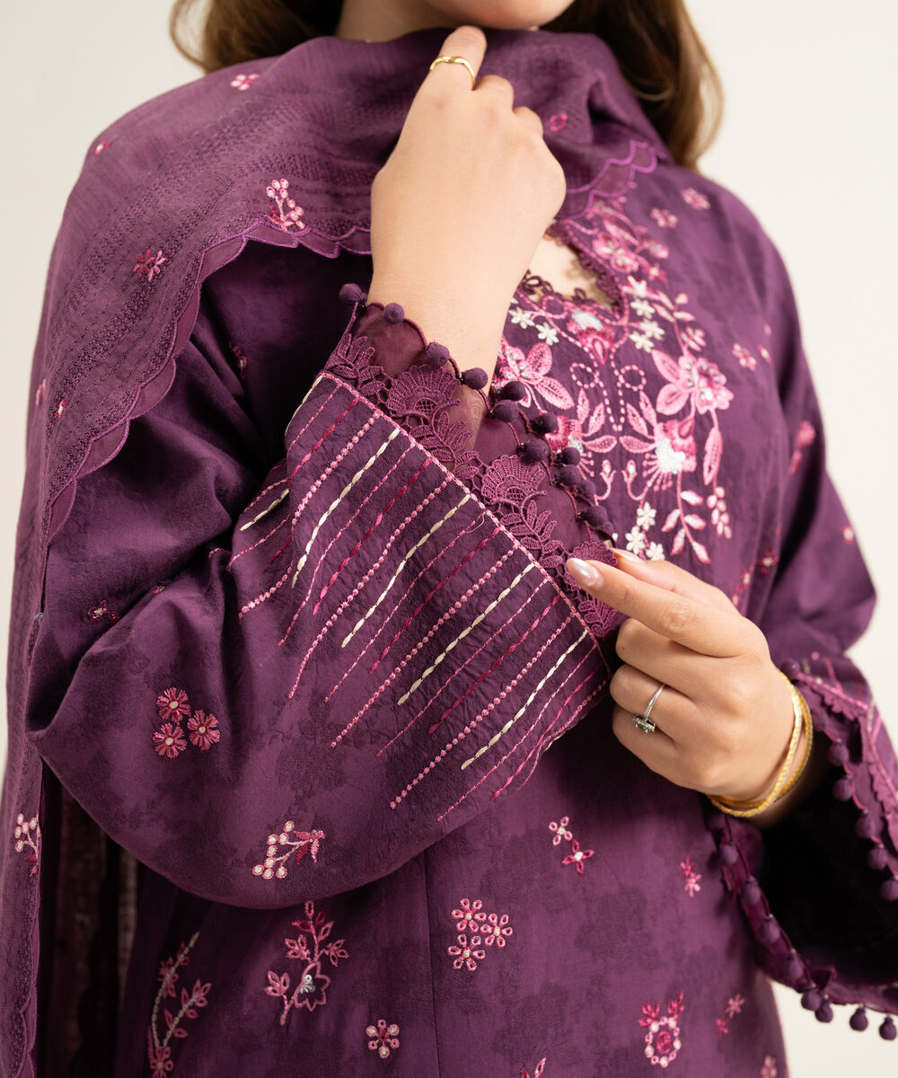 Women's Unstitched Cotton Jacquard Embroidered Purple 3 Piece Suit