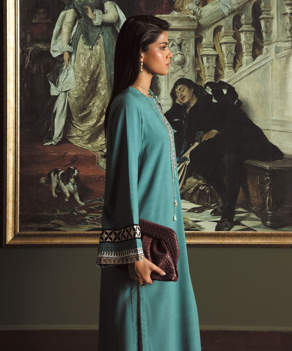 Women's RTW Herringbone Solid Teal A-Line Shirt