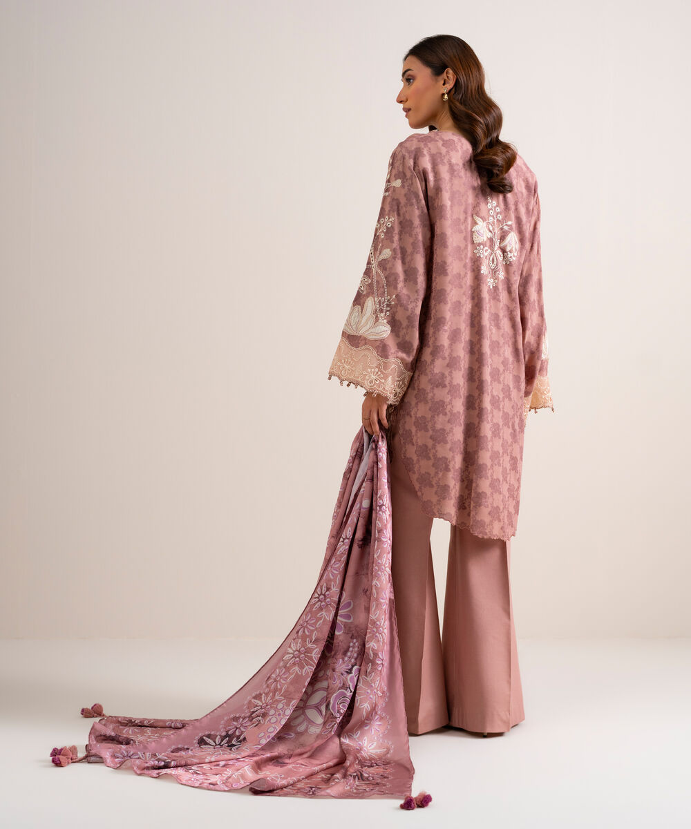 Women's Unstitched Embroidered Linen Jacquard Tea Pink 3 Piece Suit