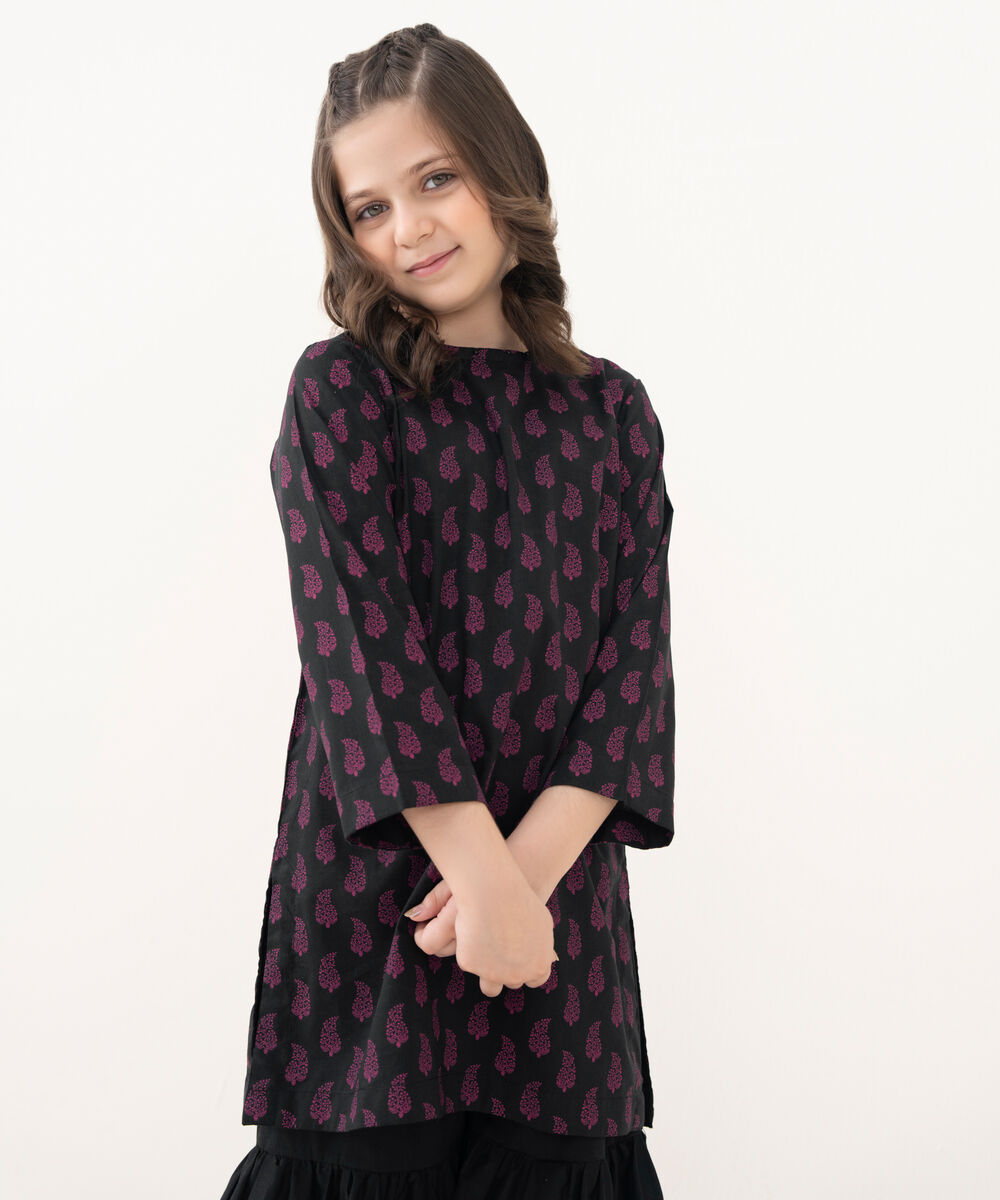 Girl's Cotton Viscose Printed Black 2 Piece Suit