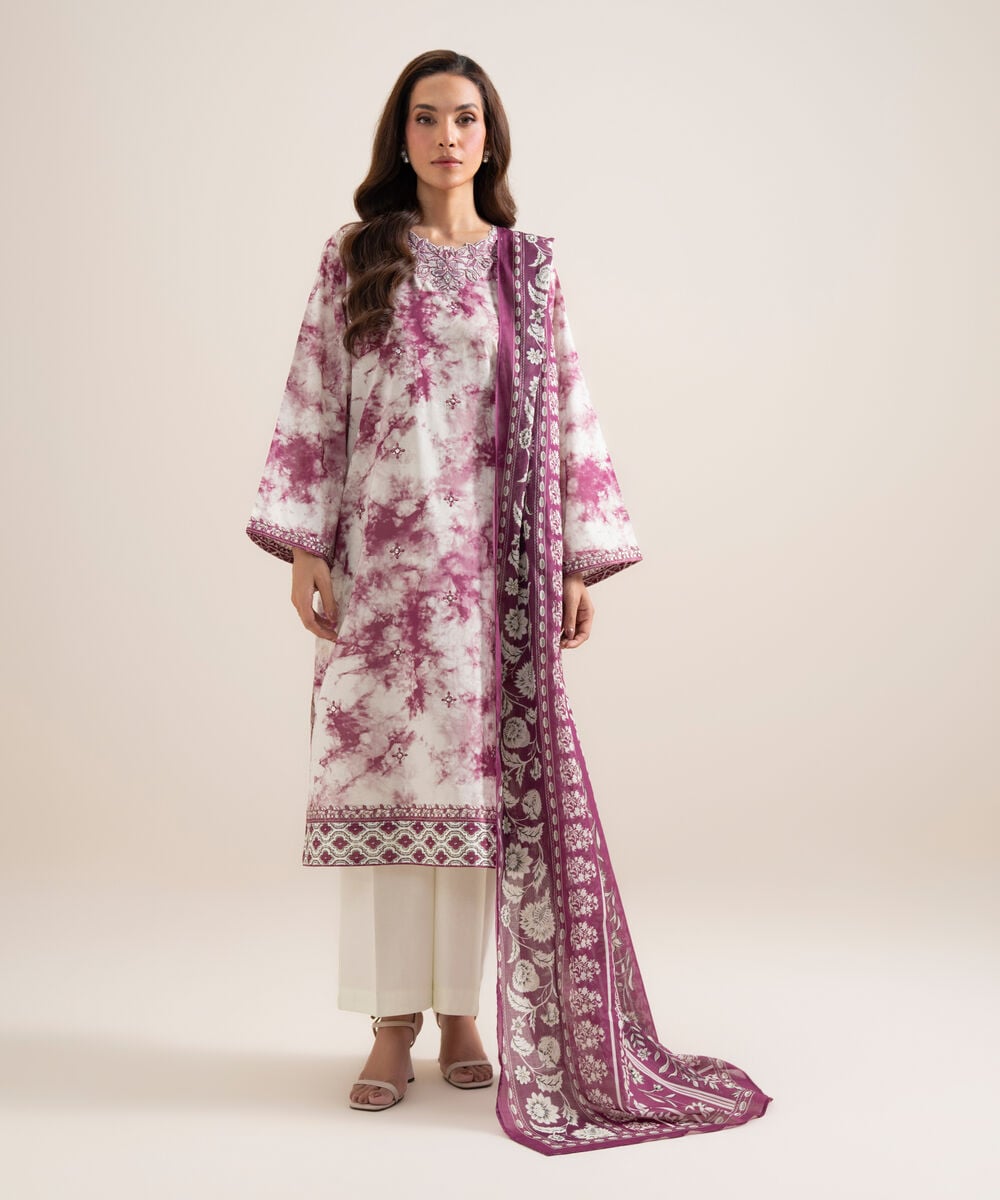 Women's Unstitched Lawn Embroidered Off White and Black 3 Piece Suit