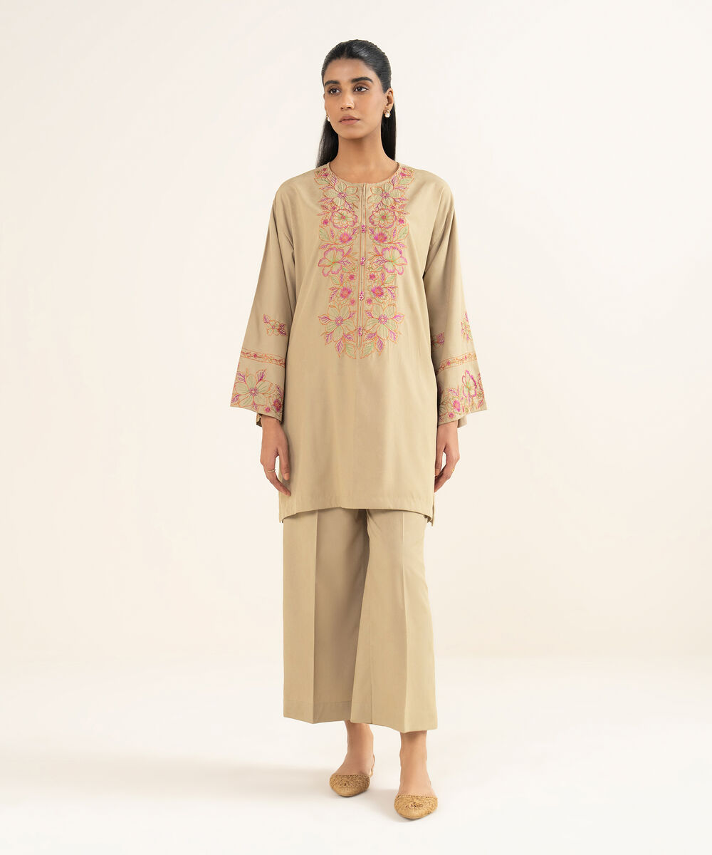 Women's RTW Self Jacquard Leno Embroidered Beige Drop Shoulder Shirt