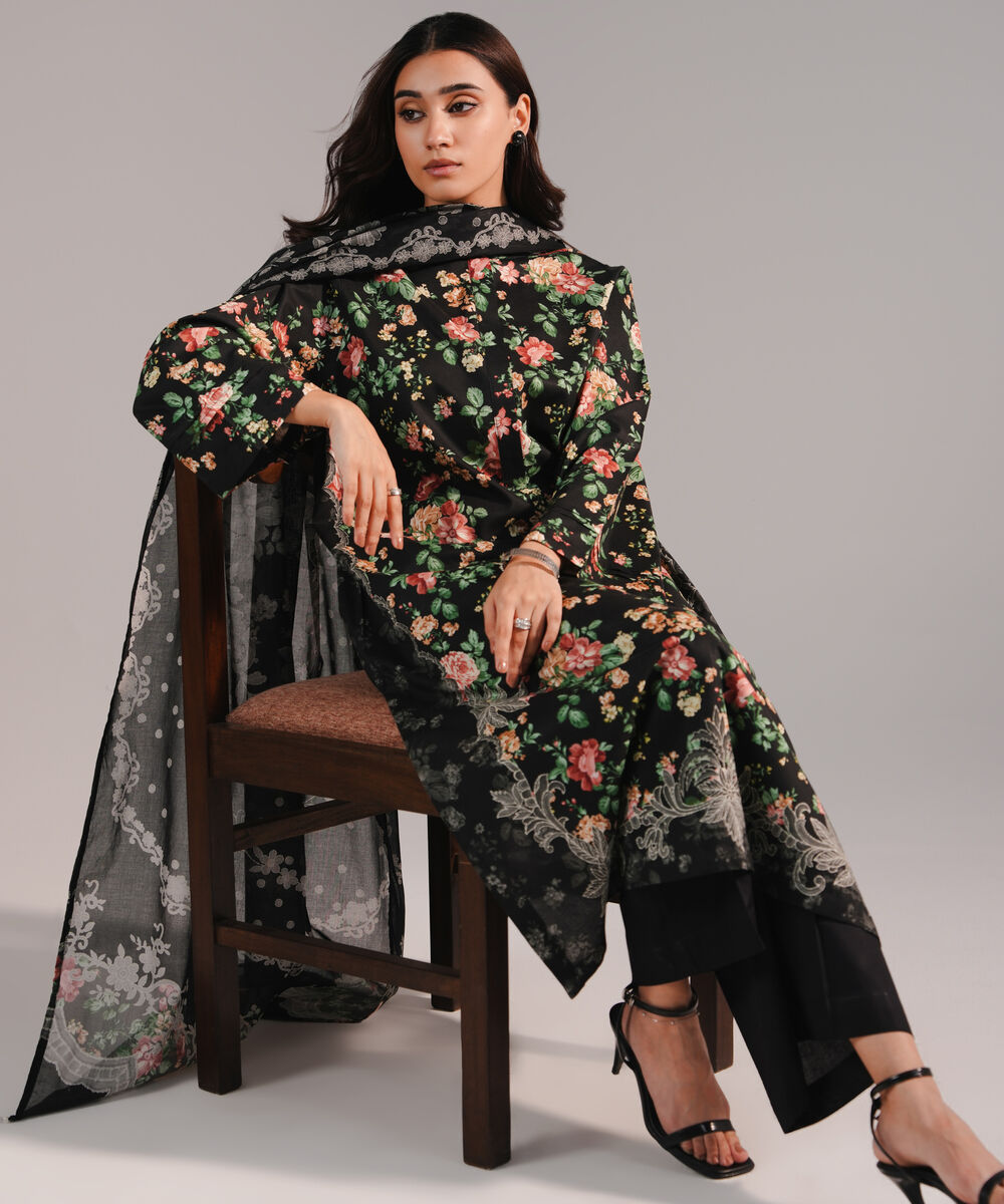 Women's RTW Cotton Viscose Printed Black 2 Piece Suit