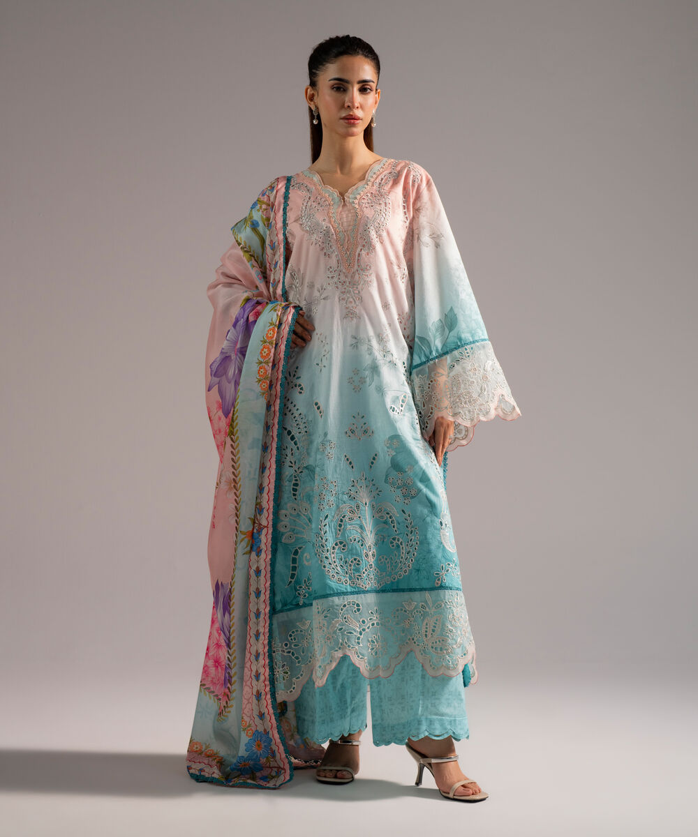 Women's RTW Self Jacquard Embroidered Blue 3 Piece Suit