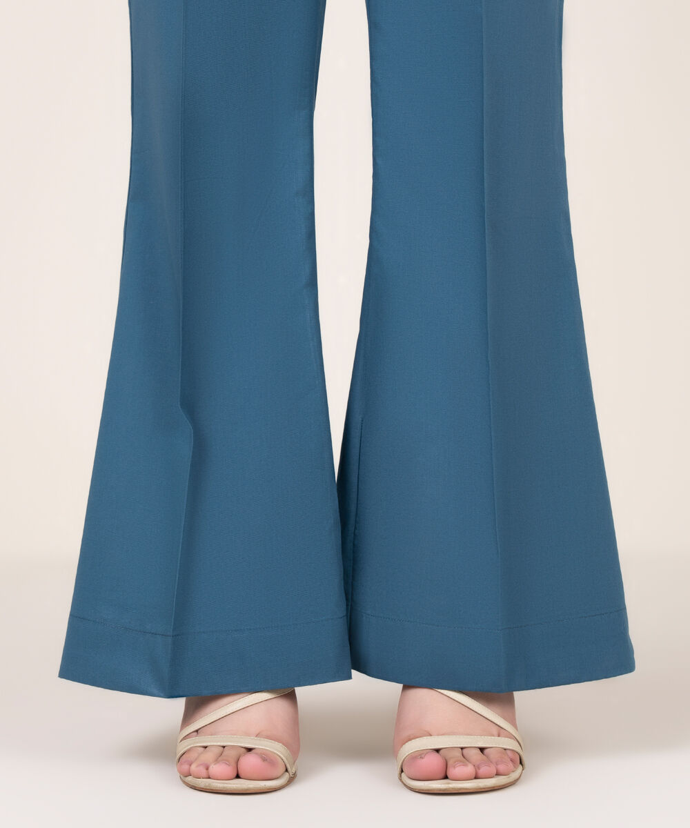 Women's RTW Cotton Solid Blue Boot Cut Pants