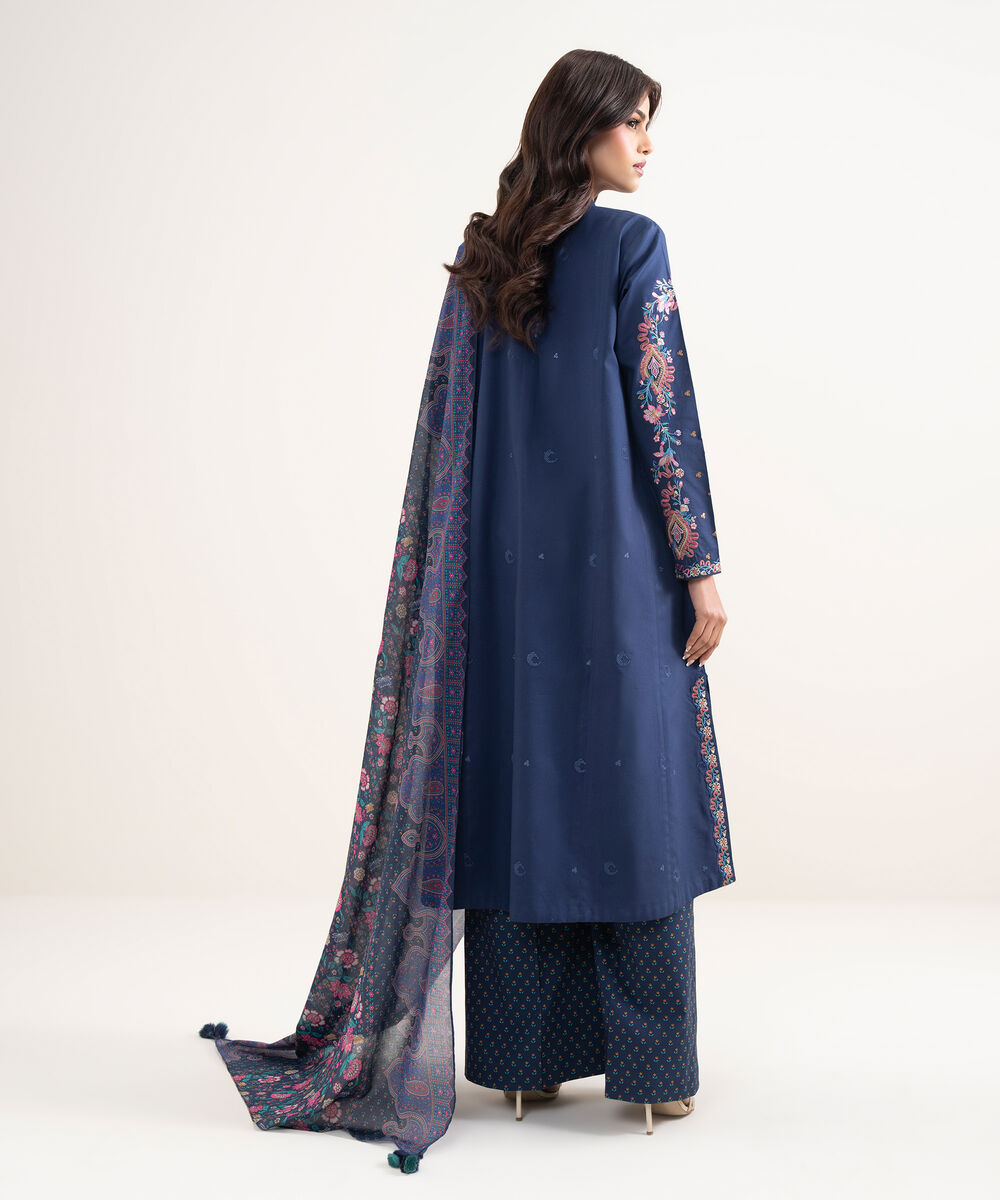 Women's Unstitched Textured Lawn Blue Embroidered 3 Piece Suit