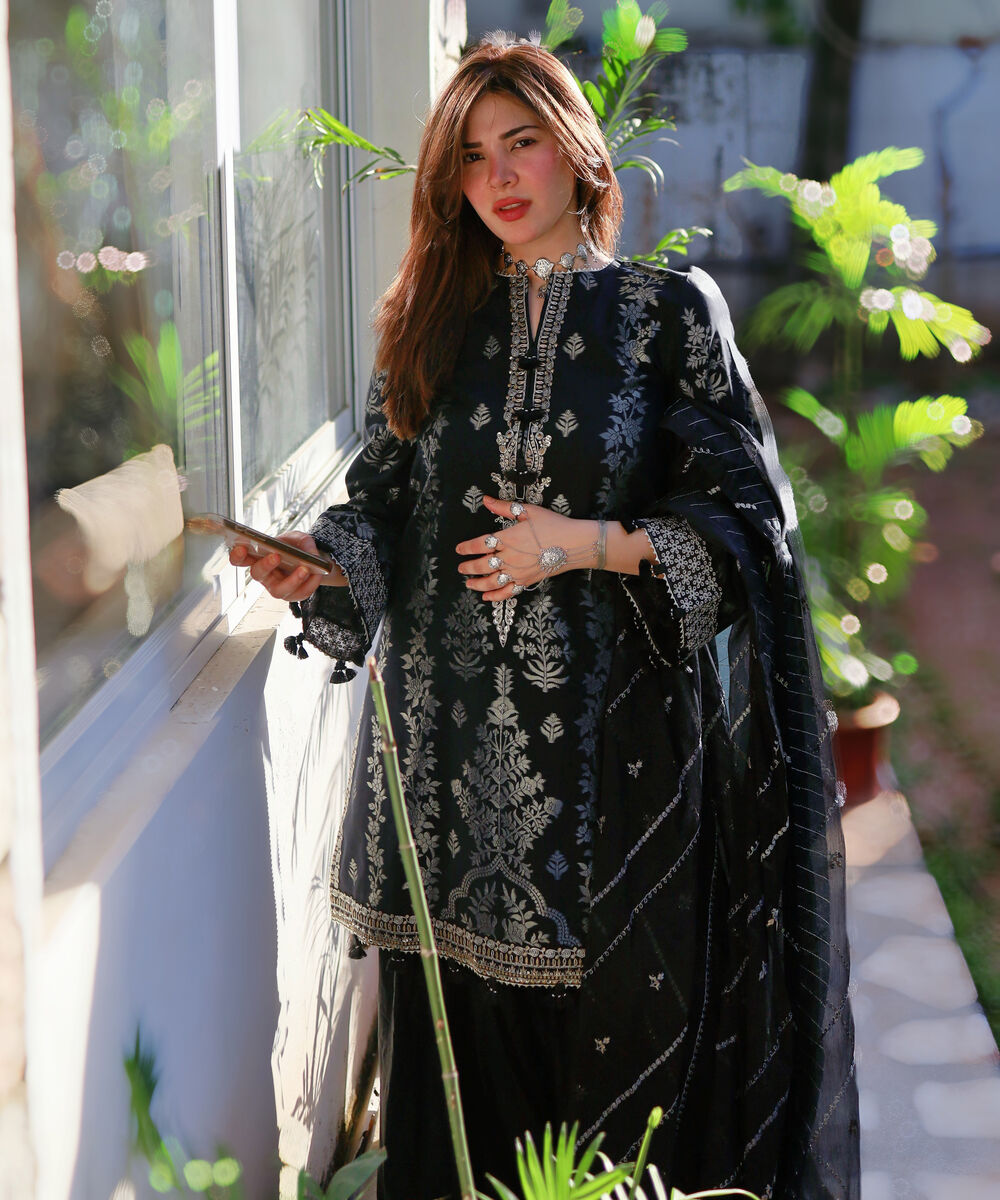 Women's Unstitched Extra Weft Jacquard Embroidered Black 3 Piece Suit