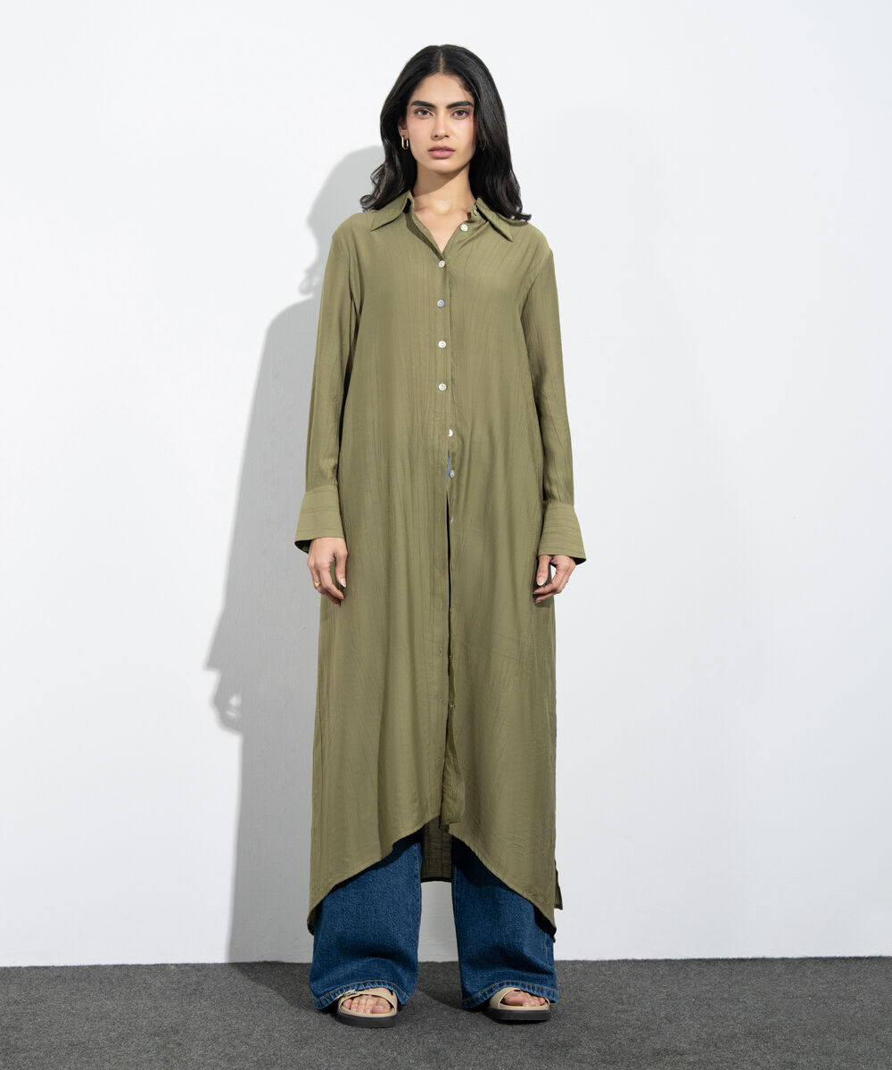 Women's Western Mustard Textured Button Through Dress