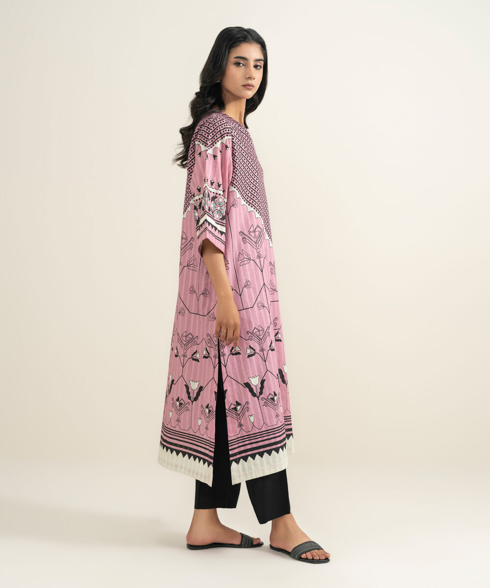 Women's RTW Textured Cotton Printed Pink A-Line Shirt