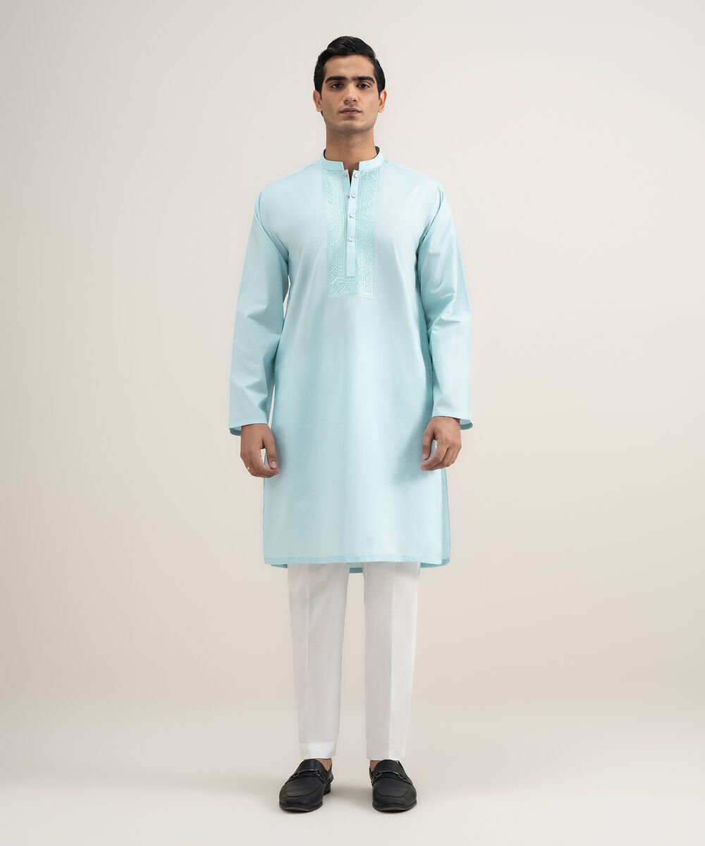 Men's Stitched Cotton Blue Kurta